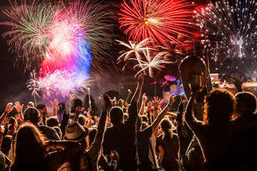 cheering crowd and fireworks