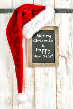 Merry Christmas decoration Red Santa hat vintage chalkboard