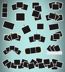 Set of square vector photo frames on sticky tape, pins and rivets isolated on turquoise background. Template photo design. Vector illustration