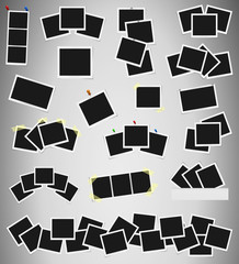 Set of square vector photo frames on sticky tape, pins and rivets isolated on grey background. Template photo design. Vector illustration