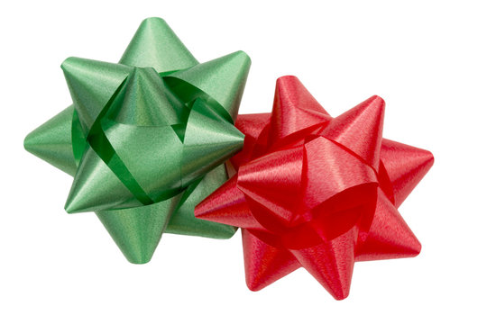 Red and Green holiday gift bows isolated on white background
