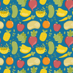 Food seamless pattern with various happy cartoon fruit and vegetables characters isolated on blue background. Natural eco friendly products and farm vegetarian food packaging. Healthy eating concept.