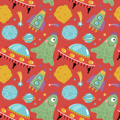 Space aliens funny cartoon seamless pattern. Cute one eye jelly creature, flying saucer, spaceship, stars, planets, comets, moon vector illustrations on red background. For wrapper, greeting cards