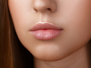 Perfect lips. Sexy girl mouth close up. Beauty young woman Smile. Natural plump full Lip. Lips augmentation. Close up detail