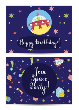 Happy birthday cartoon greeting card on space theme. Alien on flying saucer, colorful stars and planets, comets, rocket on blue background vector illustration. Invitation on childrens costumed party