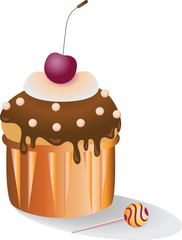 Cupcake with a cherry. Vector image of dessert for leaflets, flyers.