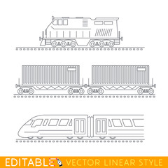Railway transport. Locomotive, boxcars and Modern high-speed train. Editable outline sketch icon set.