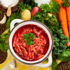 Beetroot Soup. Traditional Russian and Ukrainian national food - Borscht. Selective focus.