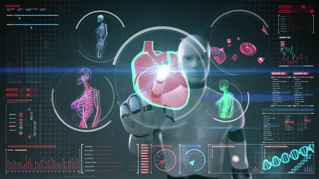 Robot, cyborg touching digital screen, Female body scanning blood vessel, lymphatic, heart, circulatory system in digital display dashboard. Blue X-ray view.