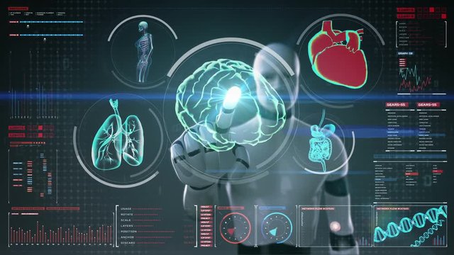 Robot, cyborg touching digital screen, Scanning brain, heart, lungs, internal organs in digital display dashboard. X-ray view.