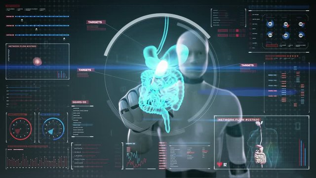 Robot, cyborg touching digital screen. Zooming body scanning internal organs, Digestion system in digital display.Blue X-ray view.