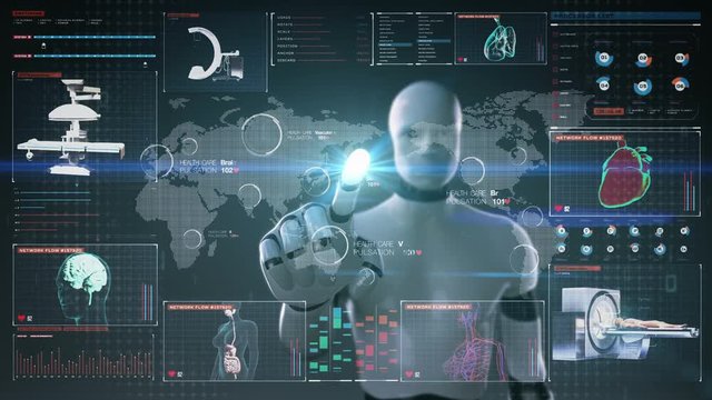 Robot, cyborg touching World Medical health care service in the world, Remote diagnosis and treatment, Telemedicine in digital display dashboard, user interface.