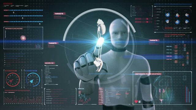 Robot, cyborg touching digital screen, Scanning kidneys in digital display dashboard. X-ray view.