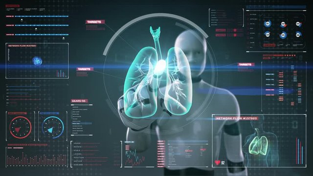 Robot, cyborg touching digital screen, Rotating Human lungs, Pulmonary Diagnostics. X-ray image. medical technology.