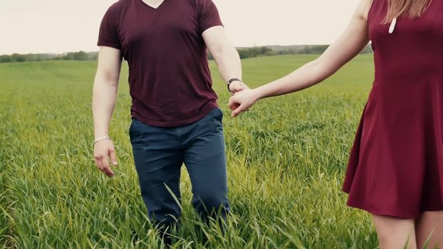 Young couple in love walking through long green grass. They are holding hands. Slow mo, steadicam shot