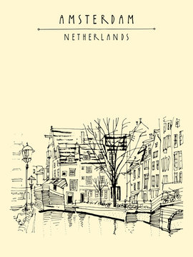 Amsterdam, Holland, Netherlands, Europe. Canal bank, tree. Dutch traditional historical buildings. Typical Dutch houses. Hand drawing. Travel sketch. Postcard, book illustration, poster