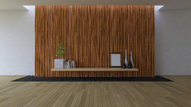 3D empty room with bamboo wall