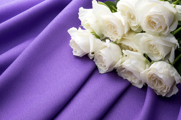 濃い紫色の布ドレープとクリーム色の薔薇