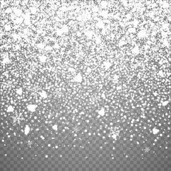 Isolated Christmas falling snow overlay on transparent background. Snowflakes storm layer. Snow pattern for design. Snowfall backdrop texture. Vector snow illustration eps10