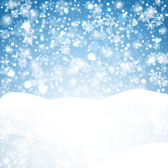 Snowflakes blue background. Geometric natural flakes shapes elements. Greetings banner winter holiday. Vector