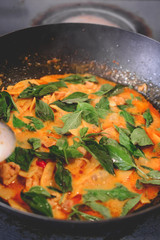 Cooking Thai Chicken Red Curry in the Wok, Thai Food, Thai Cuisi