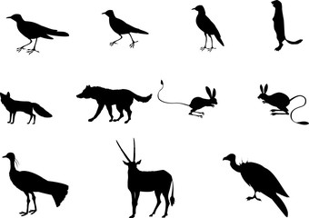 Set of black silhouettes of central asian animals and birds, vector illustration.