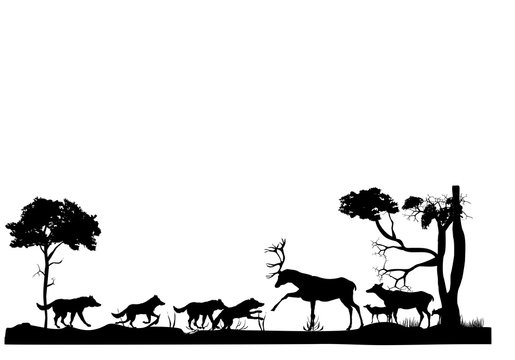 Horizontal illustration of silhouettes of wildlife scene with animals and trees