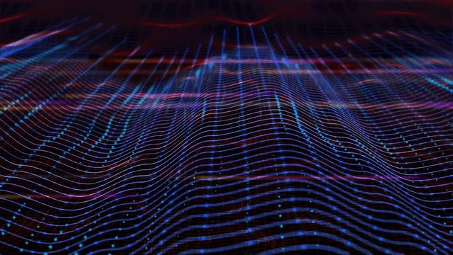 3D abstract animation of blue sound wave equalizer. In 3d abstract terrain wireframe moving and bouncing in a wave form. With abstract light beam background pattern. Used for music wave equalizer