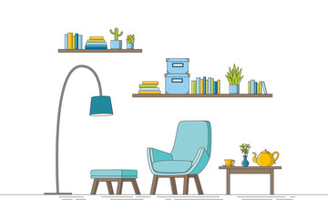 Thin line illustration of a modern living room