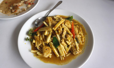 Spicy salmon and coconut shoot with chili paste