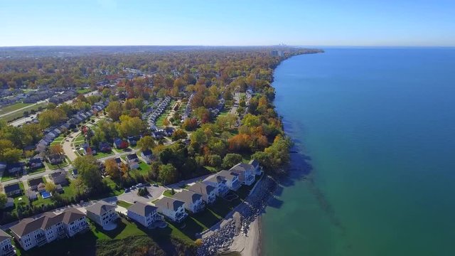 Aerial drone video of Willowick Ohio and Lake Erie