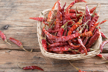 Dried chili peppers on wooden background