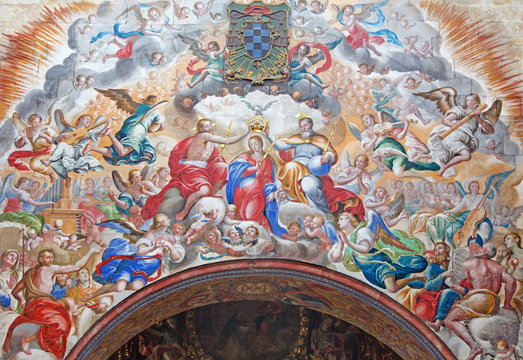 SALAMANCA, SPAIN, APRIL - 16, 2016: The fresco of Coronation of Virgin Mary by Antonio de Villamor (1661-1729) in monastery Convento de San Esteban and Chapel of Rosary.