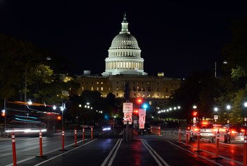 Pennsylvania Avenue and the Capitol Building in Washington DC at night, capital of the United States of America