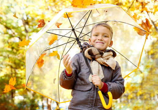 Boy with umbrella and autumn foliage