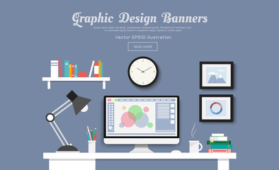 Desk with computer, documents and stationery. Workplace for the