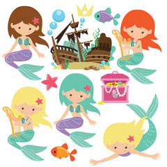 Obraz na płótnie Canvas Cute mermaid vector cartoon illustration