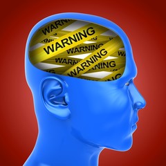 3d illustration of warning tape inside head over red background