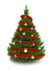 3d illustration of green Christmas tree over white background with red tinsel and glass balls