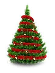 3d illustration of green Christmas tree over white background with red tinsel and golden balls