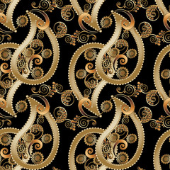 Black royal floral paisleys vector seamless pattern with 3d gold decorative  vintage paisley flowers leaves and ornaments. Modern beige  background. Endless luxury fabric  texture. 