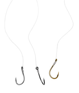 Steel fishing hooks with fishing line isolated on white backgrou