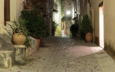 Narrow street in the old town  in France. Night view