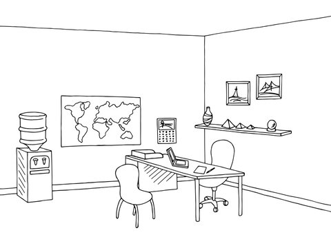 Travel agency office interior graphic black white sketch illustration vector