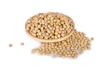 soybean in bamboo basket on white background