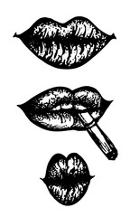 Hand drawn engraving set of lips vector illustration