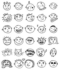 Set of thirty hand drawn vector emoticons or smileys