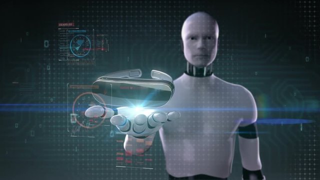 Robot, cyborg open palm, VR glasses with digital interface UI.augmented reality, vertual reality(included alpha)