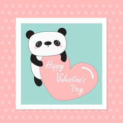 Kawaii panda baby bear. Happy Valentines Day. White frame. Cute cartoon character holding big pink heart. Wild animal collection for kids.  dot background. Love card. Flat design.