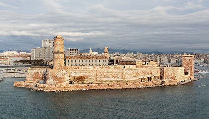 View of the old port and Fort Saint Jean in Marseille, France